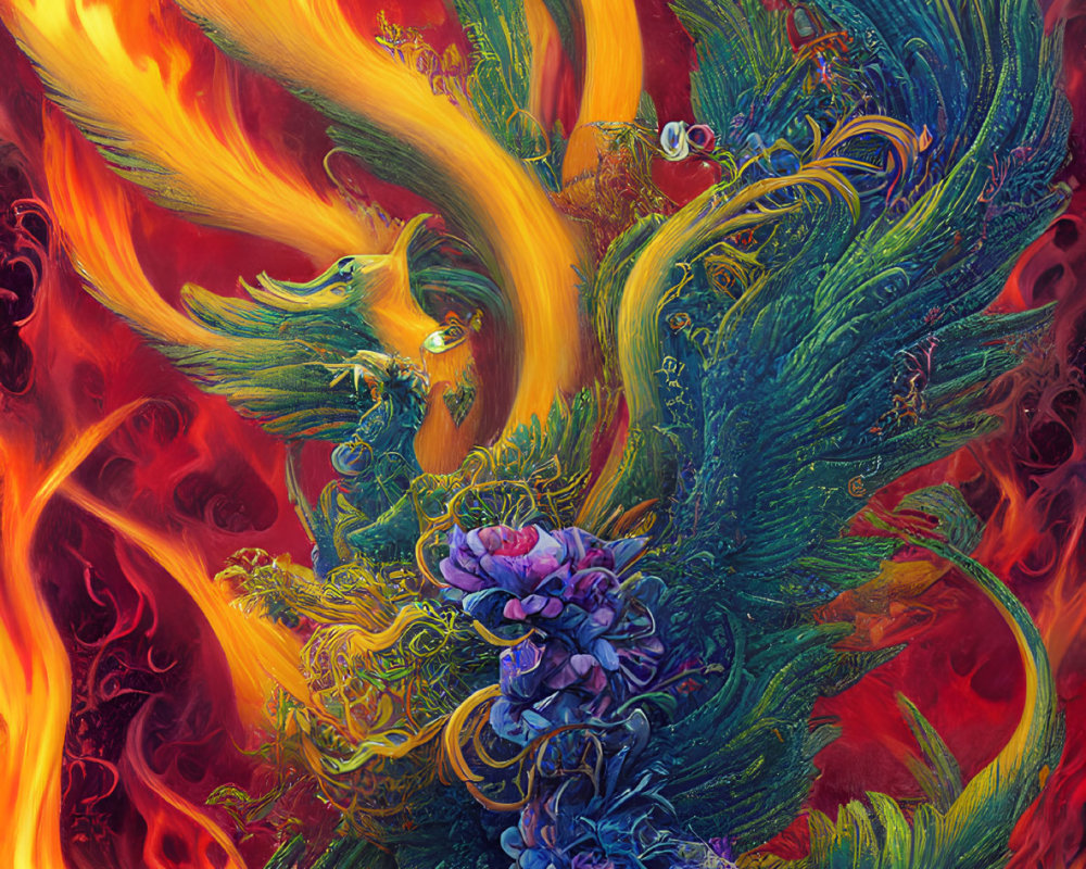 Mythical phoenix with blue and green plumage in swirling flames