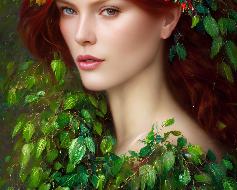 Red-haired woman with green leaves and berries in her hair.