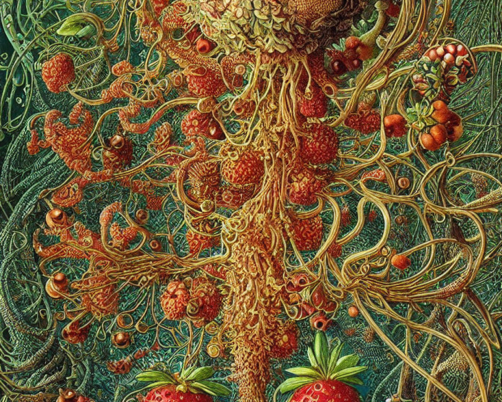Detailed illustration of a fantastical tree with swirling patterns and lush berries