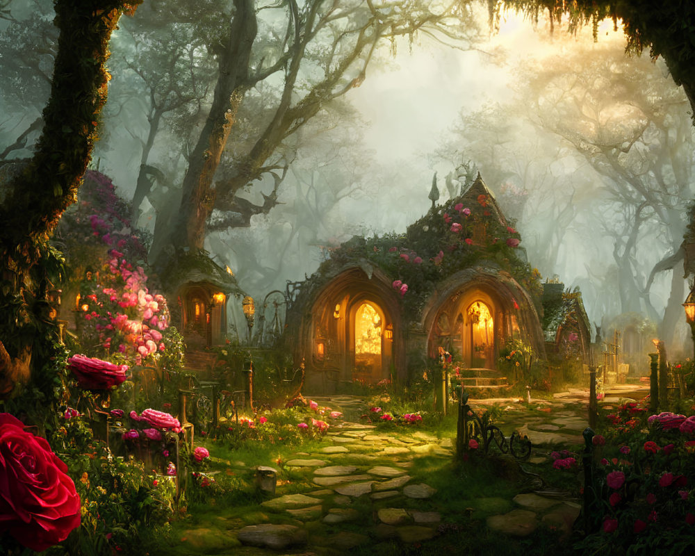 Mystical forest scene with glowing cottages and pink roses