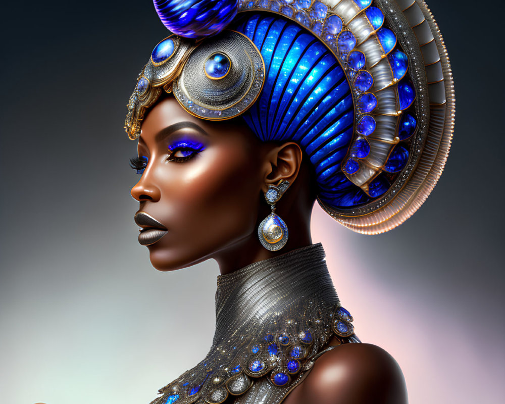 Detailed digital artwork: Woman with blue headdress, intricate jewelry, strong features, glowing makeup