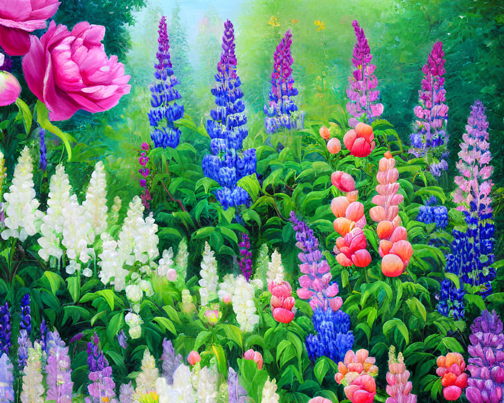 Vibrant garden with pink peonies, lupines, and orange tulips in misty
