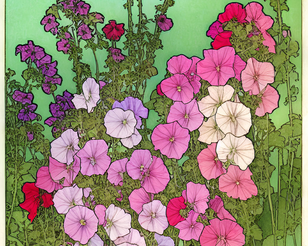 Vibrant Pink and Purple Flower Illustration on Green Background