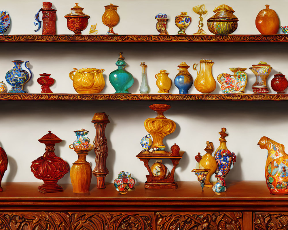 Colorful Ceramic Pottery Collection on Wooden Shelves