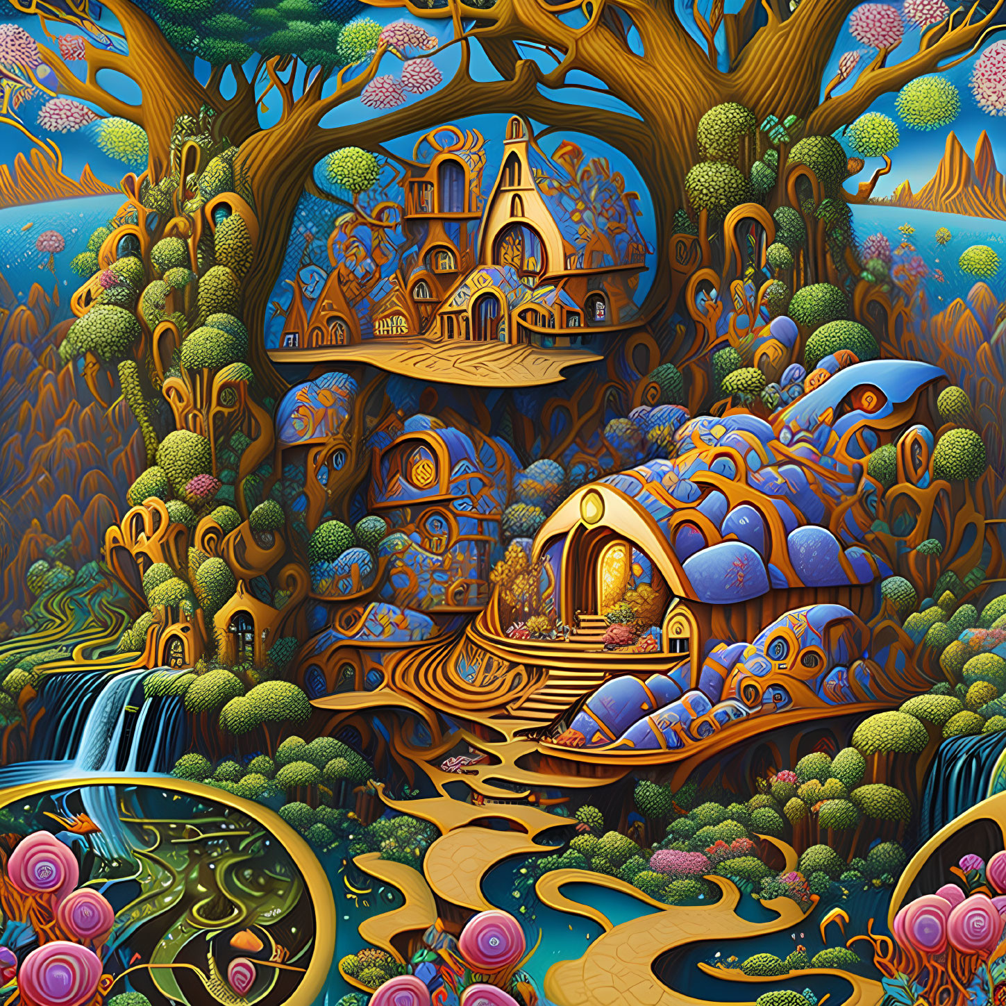 Detailed whimsical illustration of fantastical treehouses in vibrant nature scene