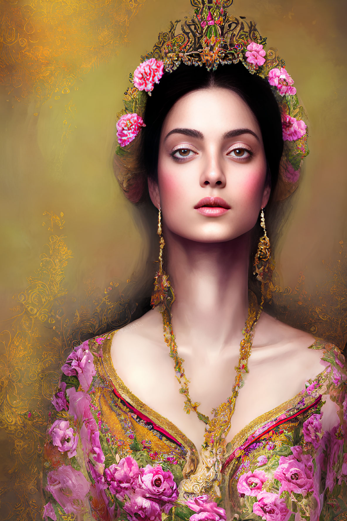 Illustration of woman with dark hair, pink floral crown, gold jewelry, rose pattern dress on golden