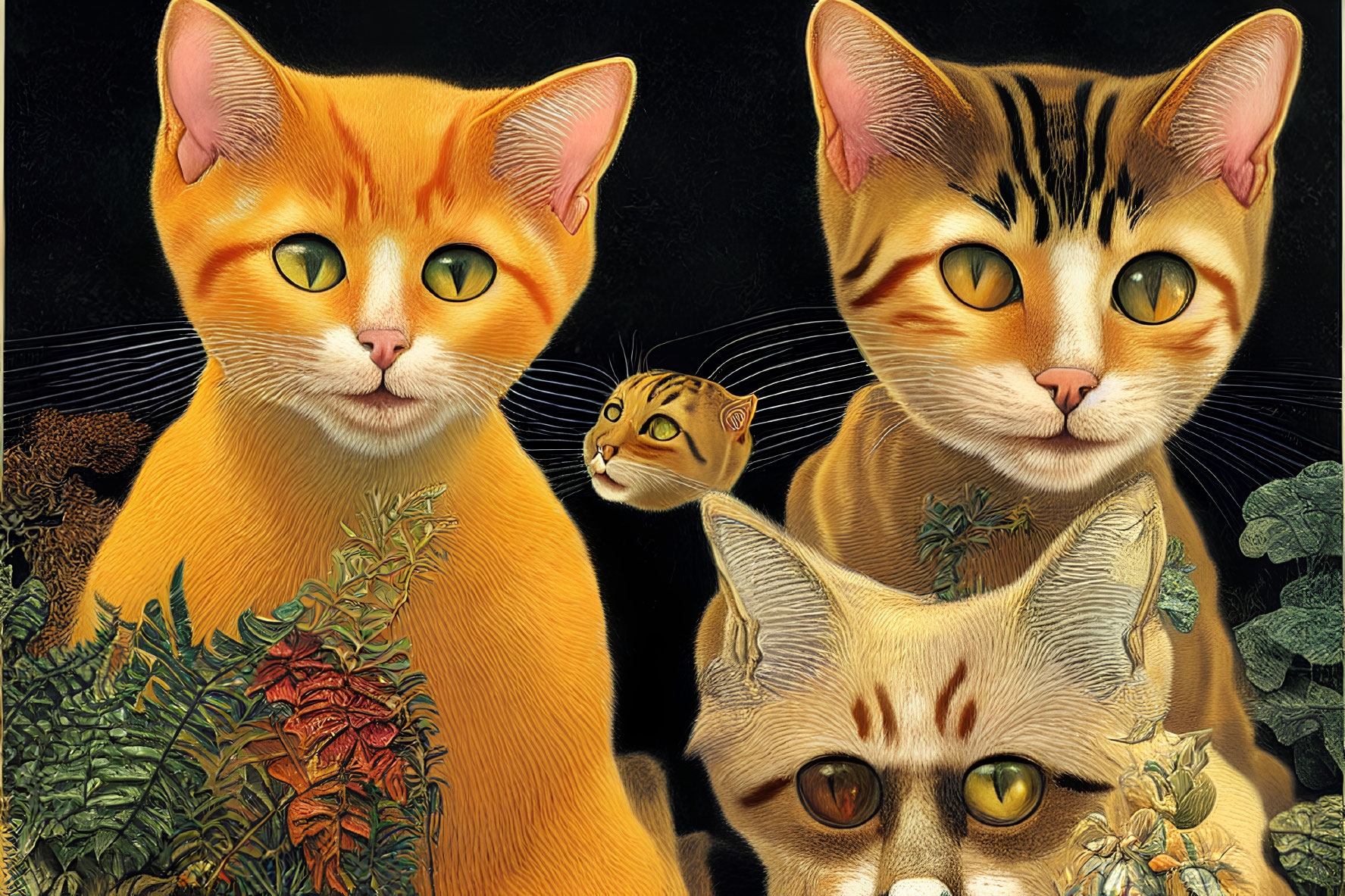 Detailed anthropomorphic cat illustration against dark flora background