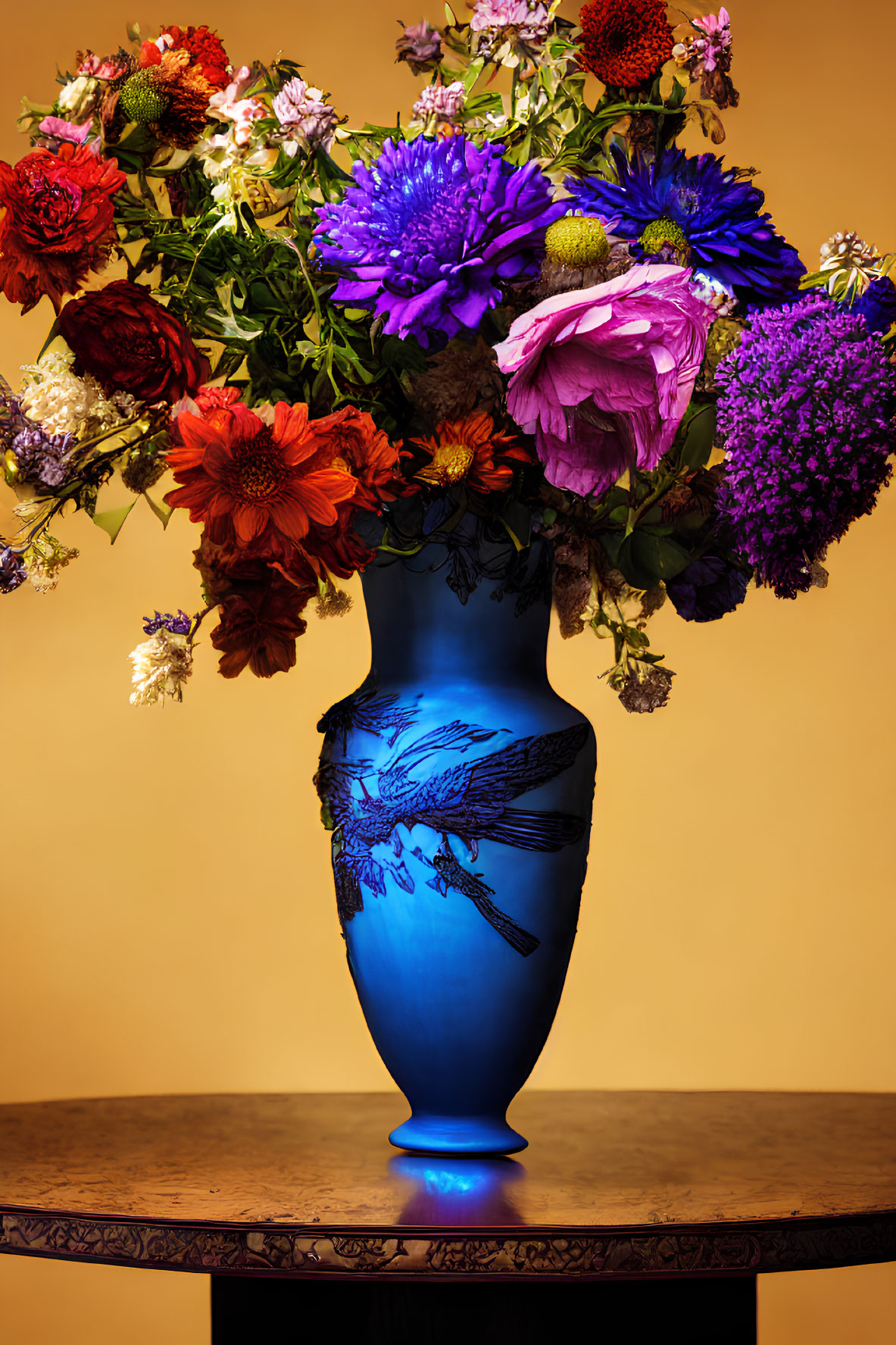 Colorful Flower Bouquet in Blue Vase on Round Table, Orange Background