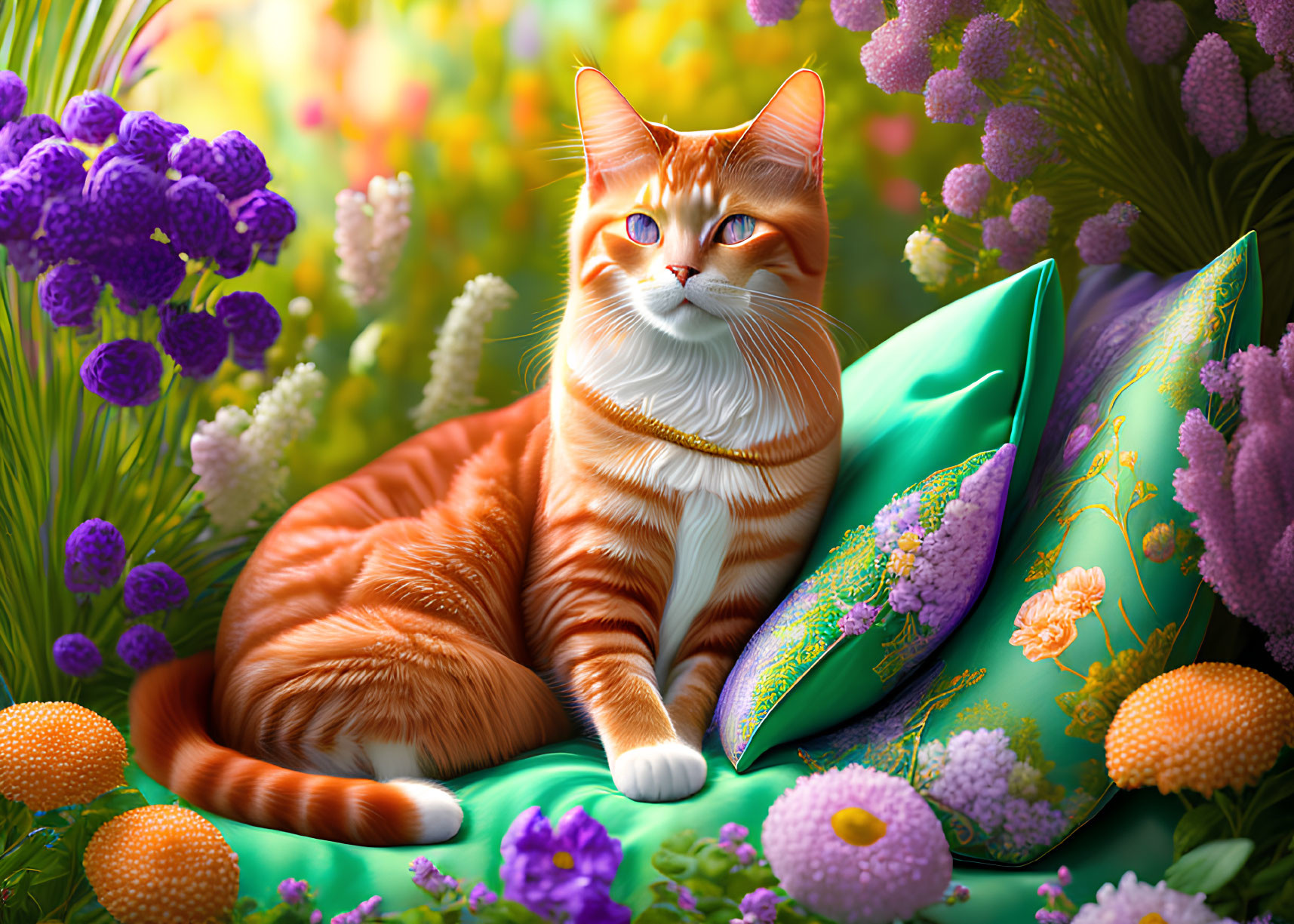 Orange Tabby Cat Relaxing on Green Pillow Among Vibrant Flowers