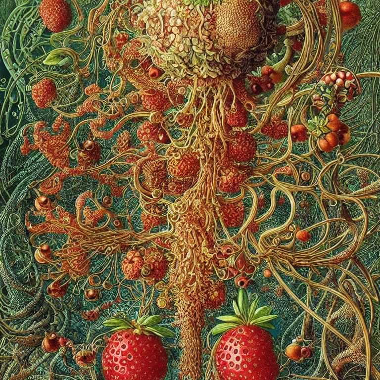 Detailed illustration of a fantastical tree with swirling patterns and lush berries