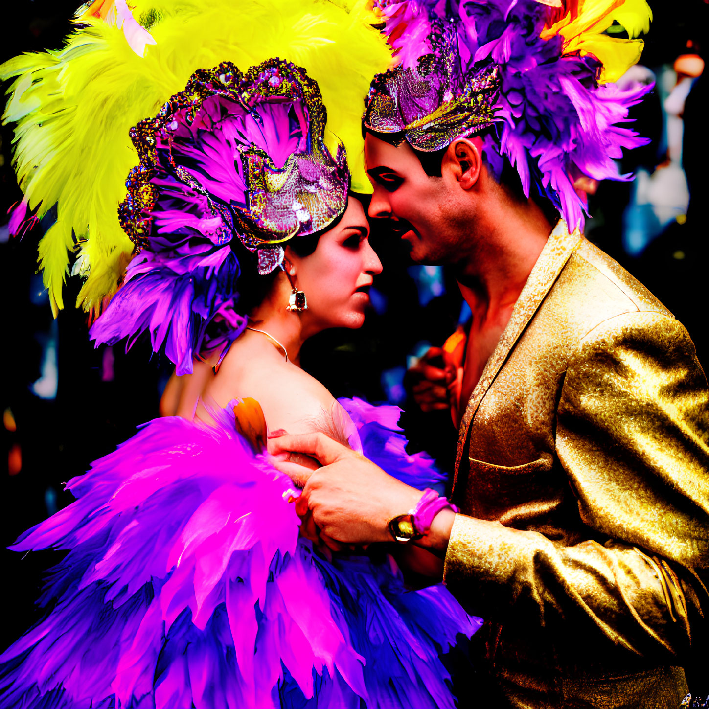 Colorful Carnival Costumes with Feathered Headdresses Captured in Intimate Scene