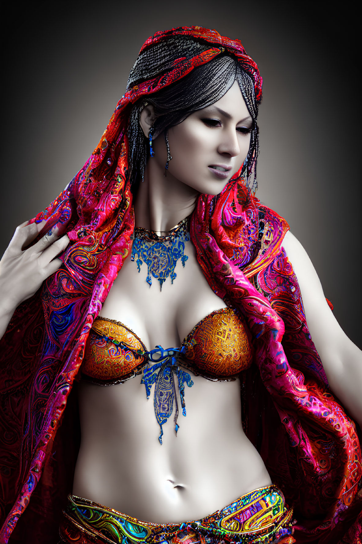 Woman in Red Scarf and Blue Jewelry Poses Against Gray Background