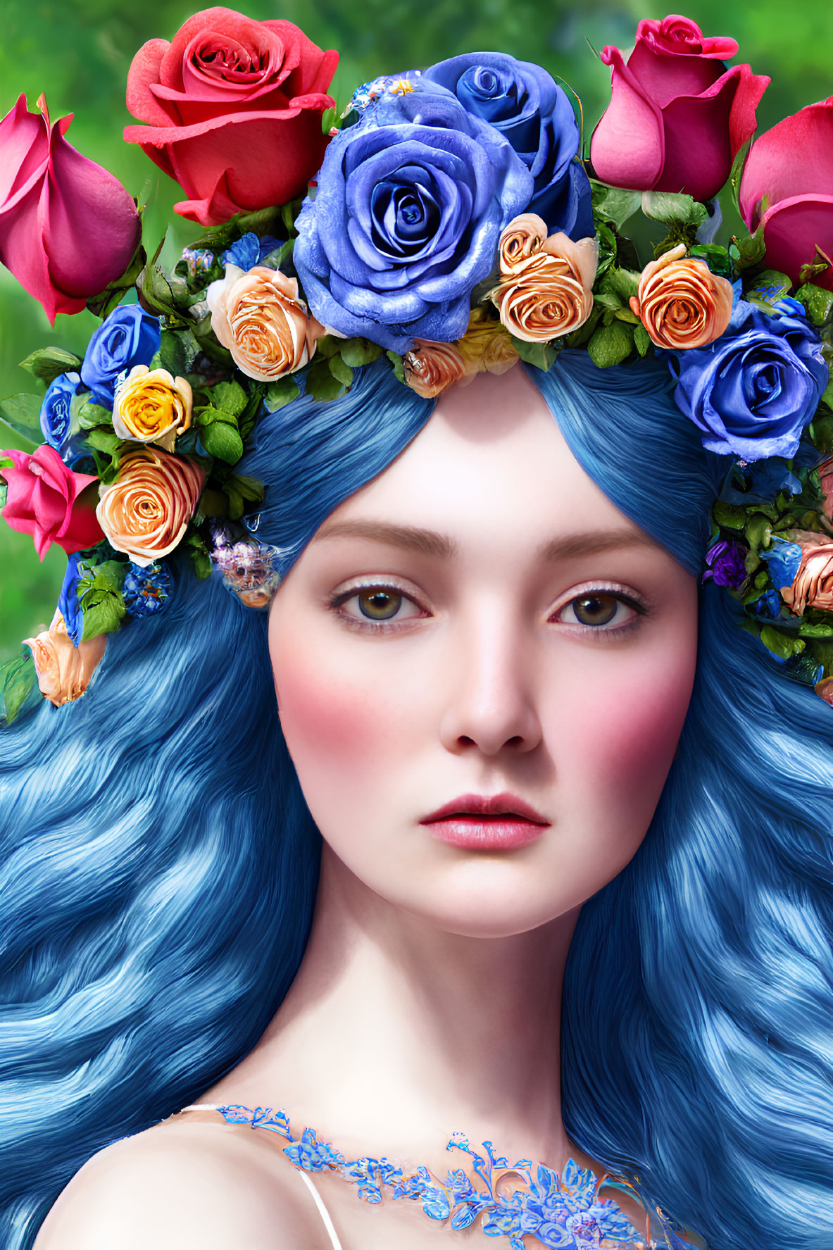 Digital Artwork: Woman with Vibrant Blue Hair and Flower Crown on Green Background