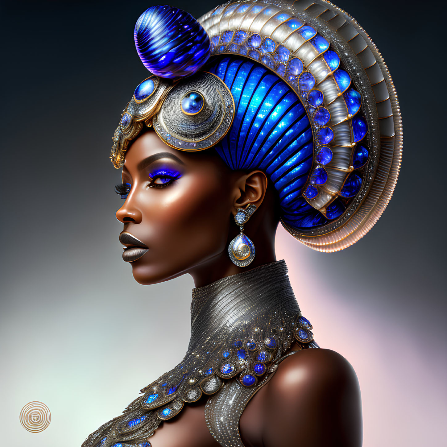 Detailed digital artwork: Woman with blue headdress, intricate jewelry, strong features, glowing makeup