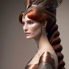 Elaborate headdress and metallic attire on poised woman