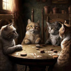 Five Cats in Vintage Clothing Playing Poker in Antique-Style Room