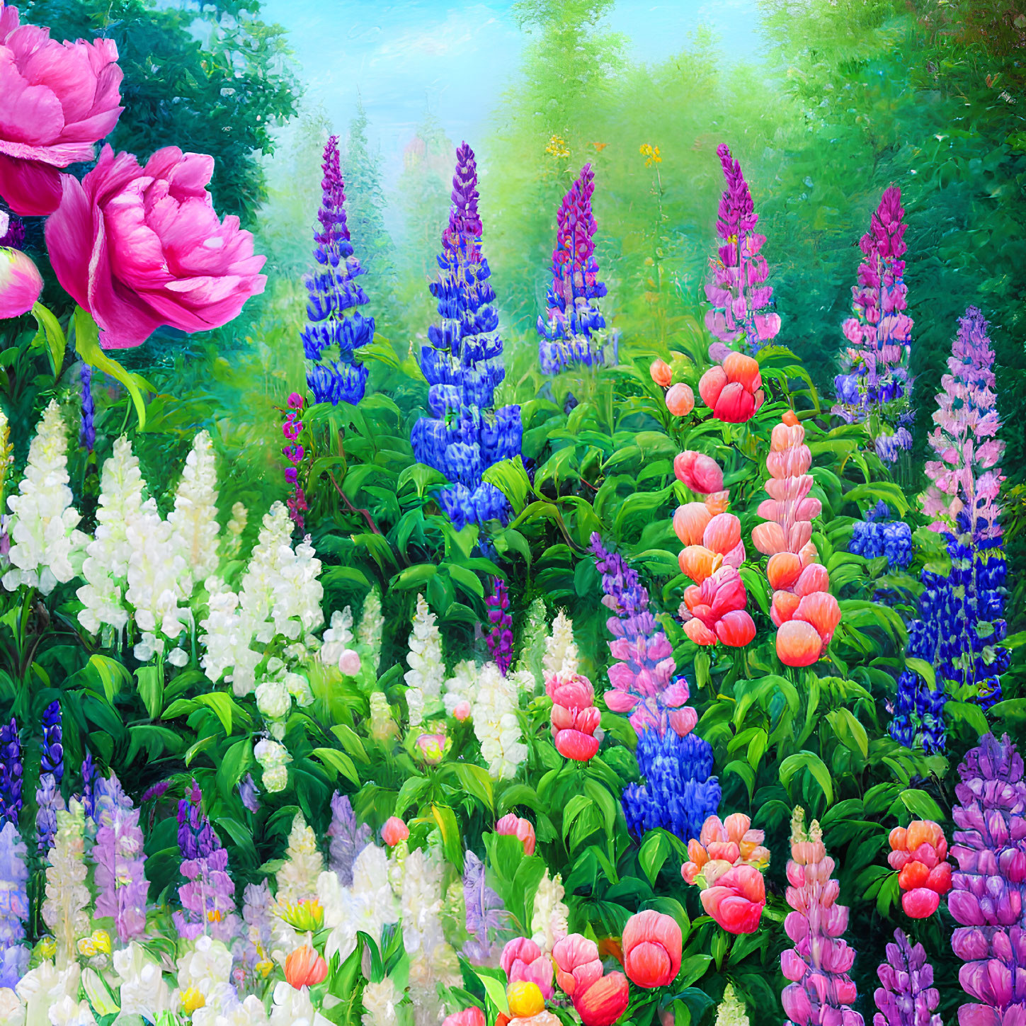 Vibrant garden with pink peonies, lupines, and orange tulips in misty