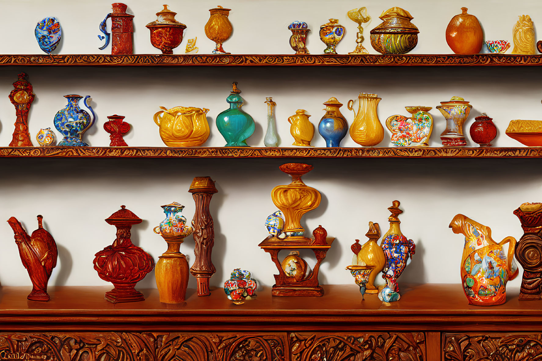 Colorful Ceramic Pottery Collection on Wooden Shelves