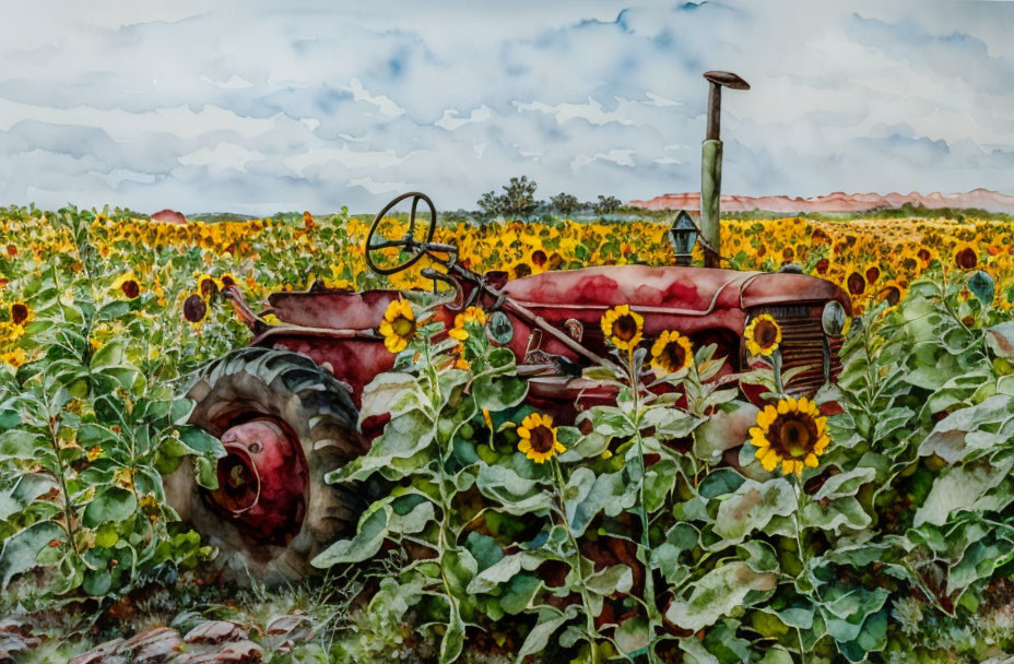 Vintage Red Tractor in Sunflower Field Watercolor Painting