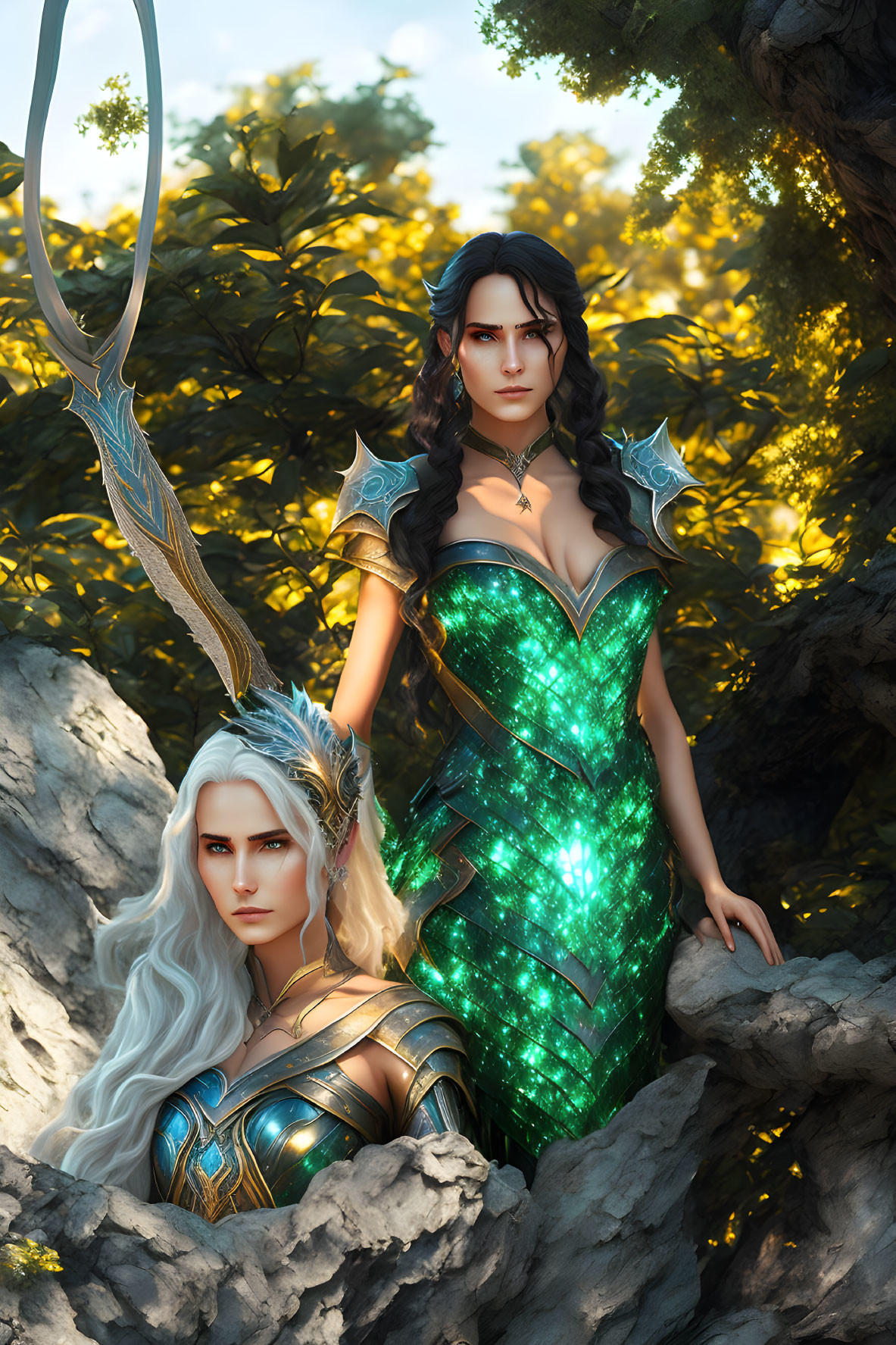 Elf women in ornate armor, one with white hair, one with brown, in sunlit forest