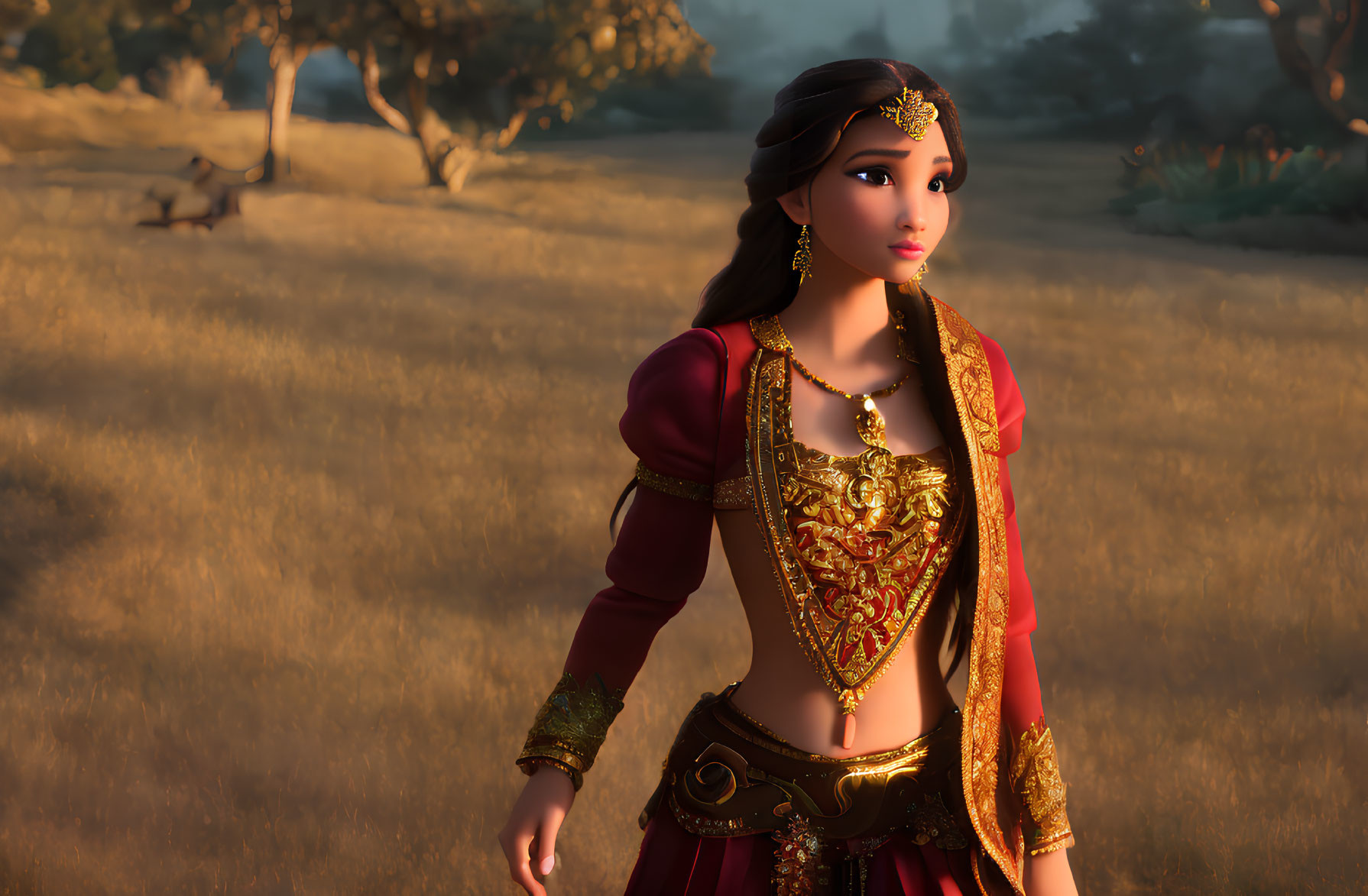 Traditional Indian Attire: Animated Woman in Gold Jewelry on Savanna