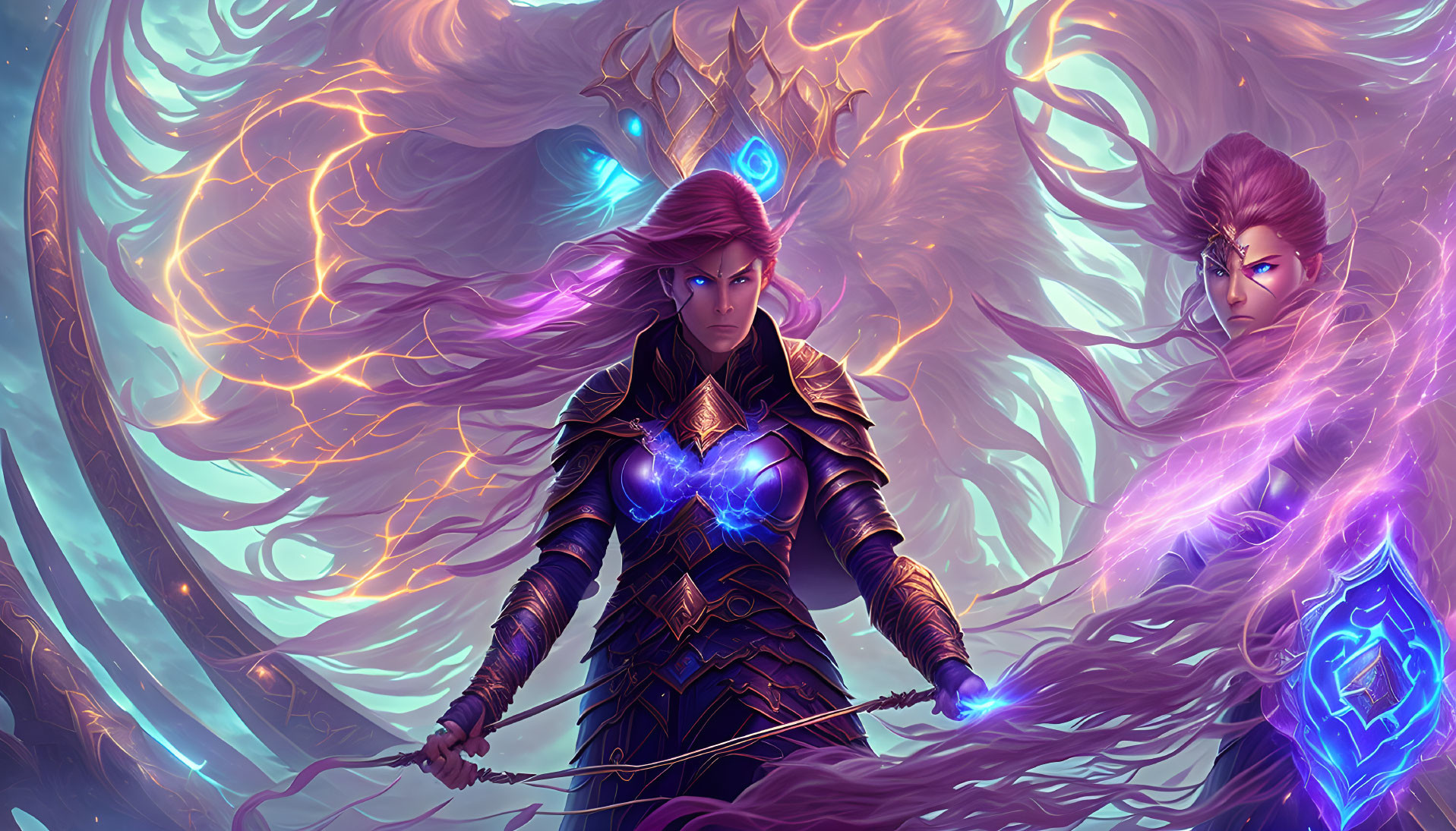 Fantasy warriors in glowing purple armor amidst magical energy