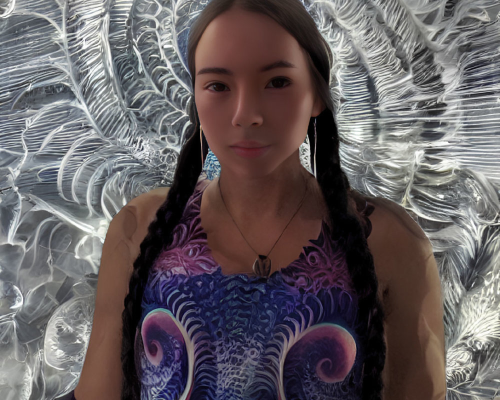 Braided hair woman in blue and purple patterned top against swirling backdrop