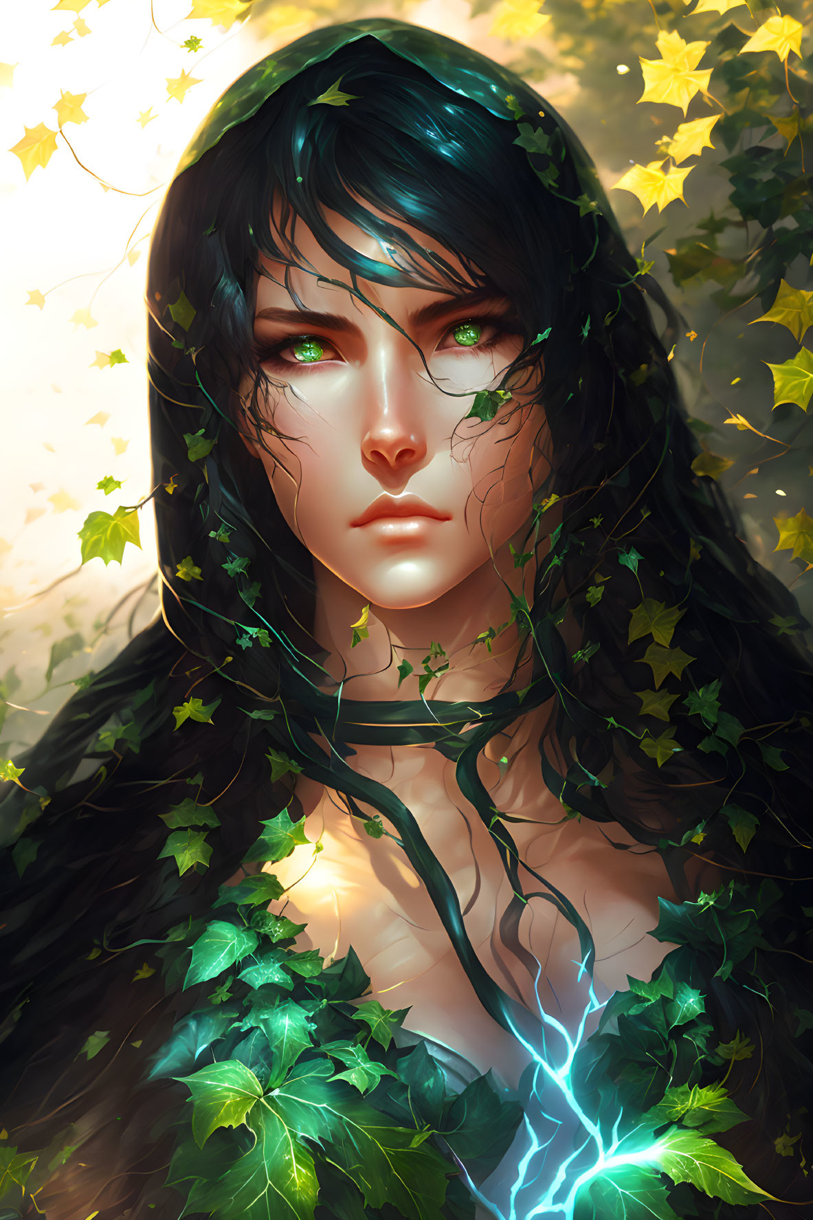 Digital illustration of person with green eyes and black hair entwined with glowing ivy and leaves,