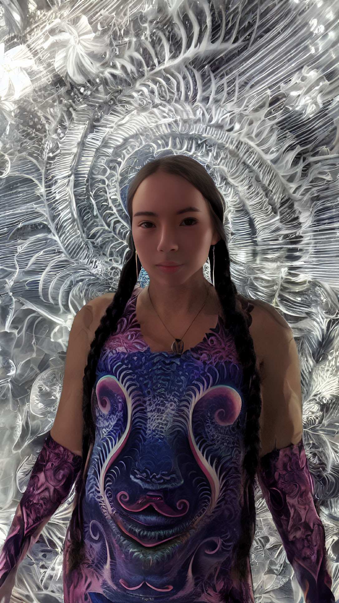 Braided hair woman in blue and purple patterned top against swirling backdrop