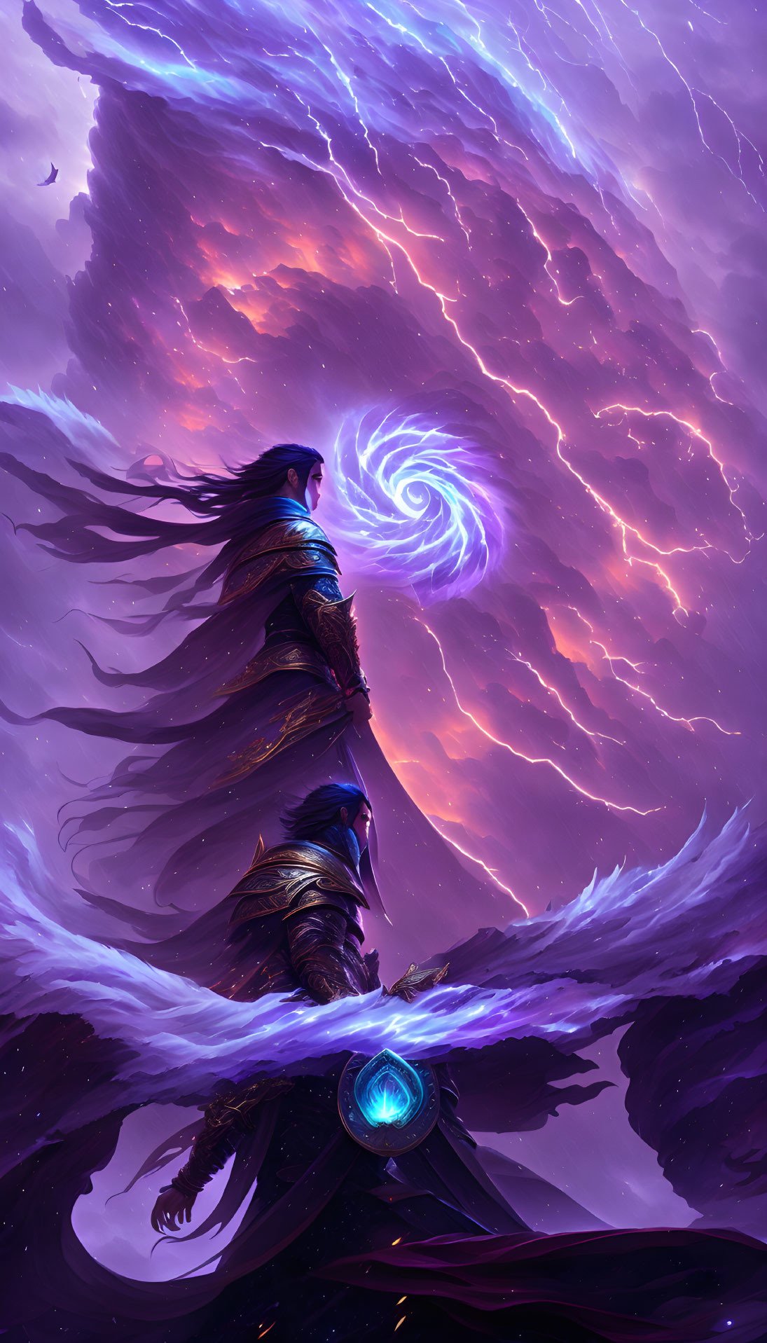 Regal figure in ornate armor faces swirling purple vortex