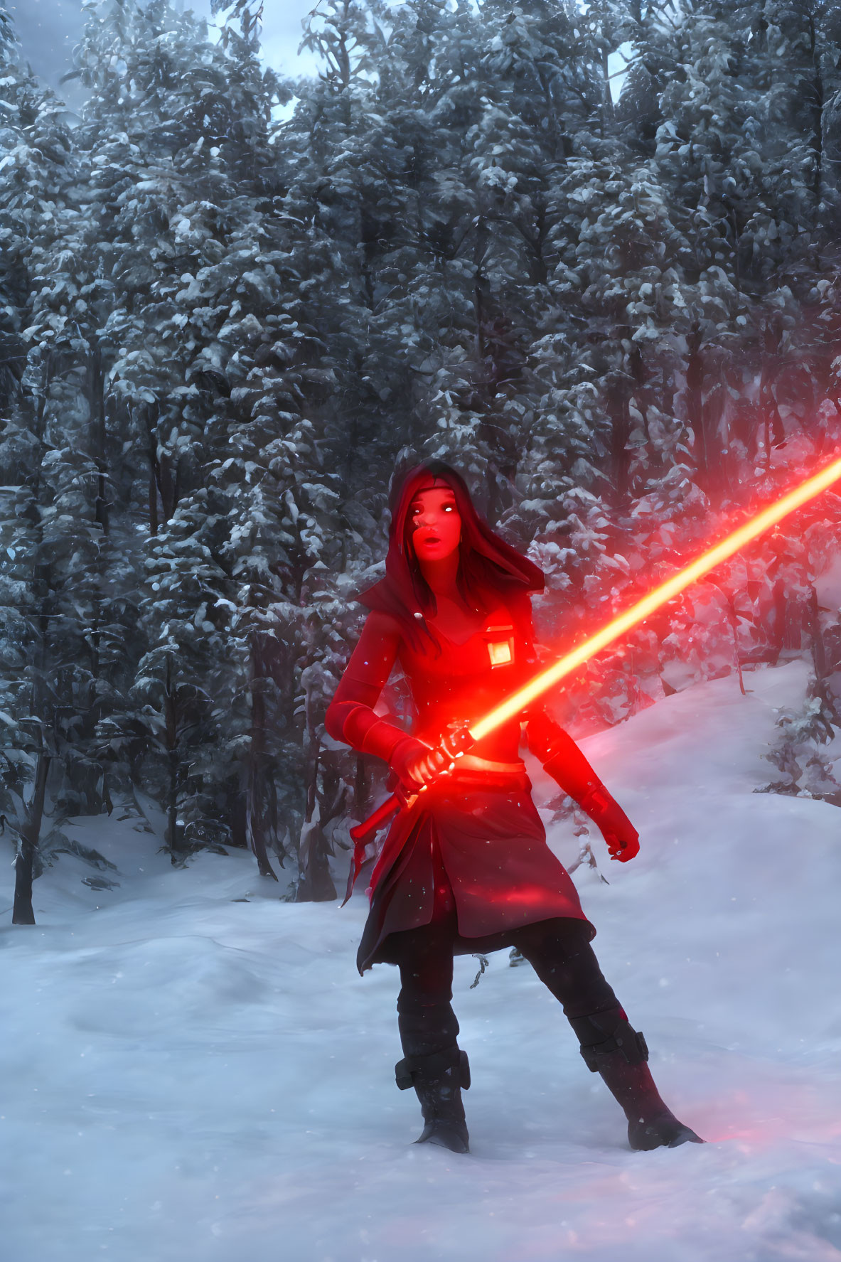 Red lightsaber-wielding character in snowy forest scene