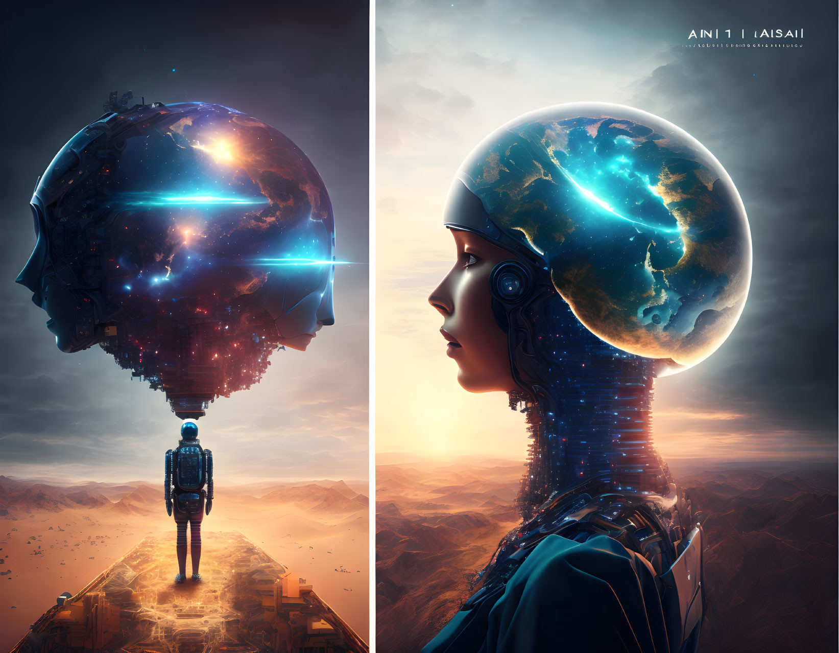 Futuristic diptych with person, mechanical globe, cyborg with Earth-like headpiece