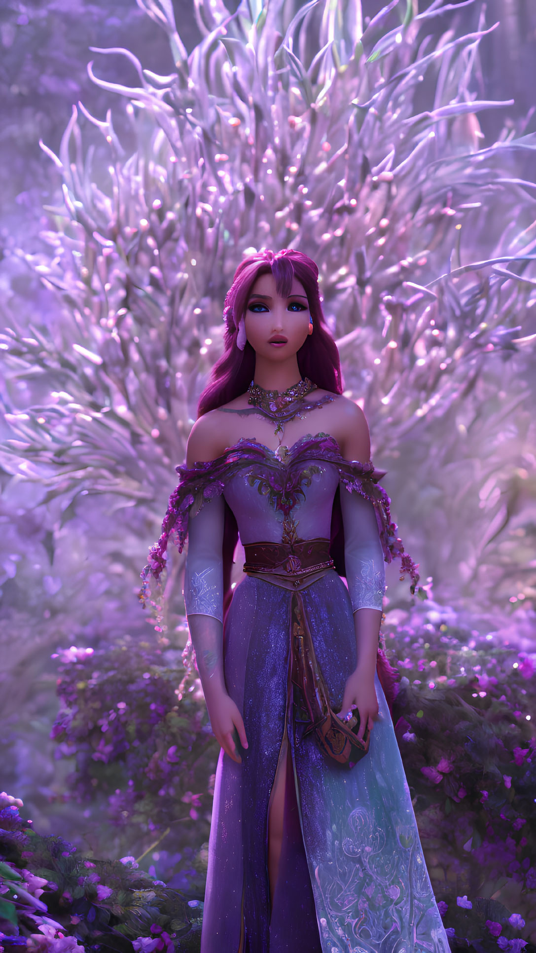 Fantasy female character with purple hair in elegant dress in mystical floral setting