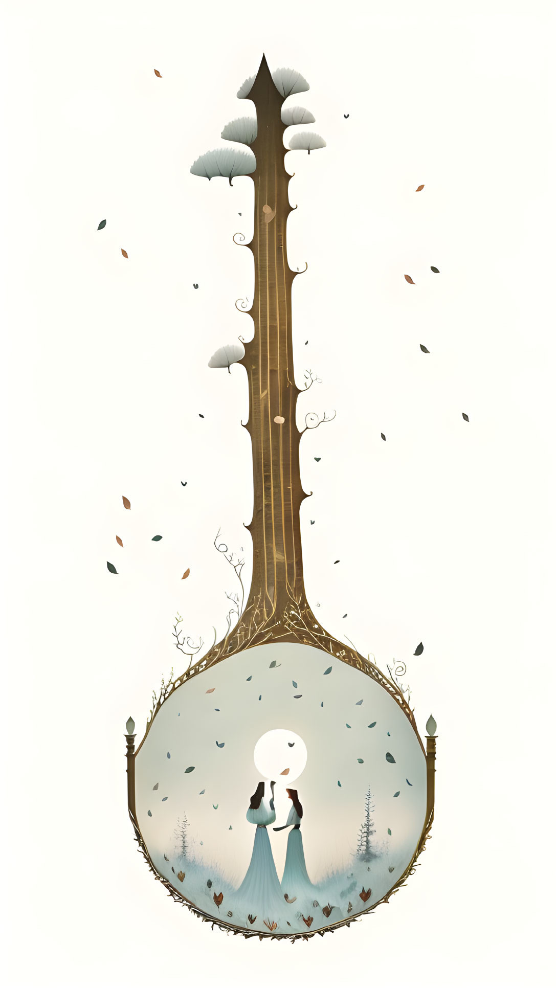 Illustration of girl in blue dress in guitar-shaped fantasy landscape