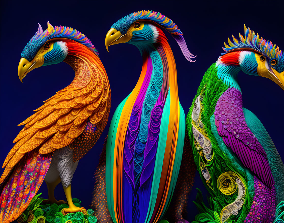 Colorful Stylized Birds with Intricate Feathers on Dark Blue Background