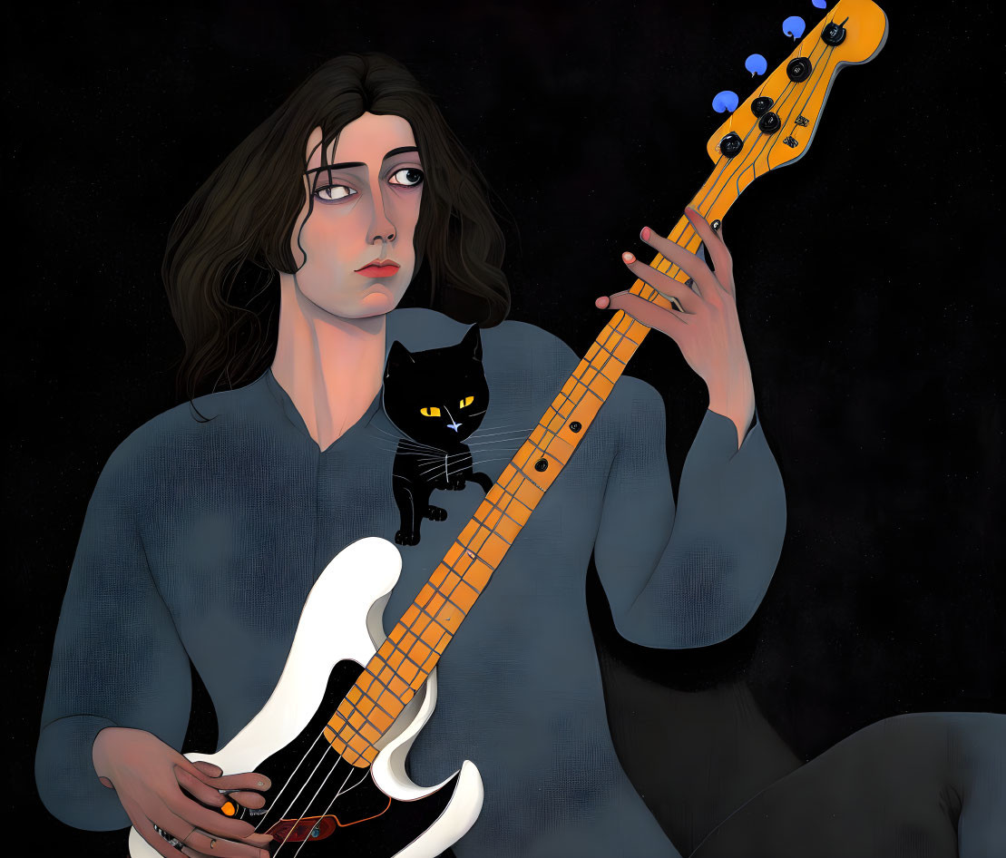 Person with Shoulder-Length Hair Holding White Bass Guitar with Black Cat on Dark Background