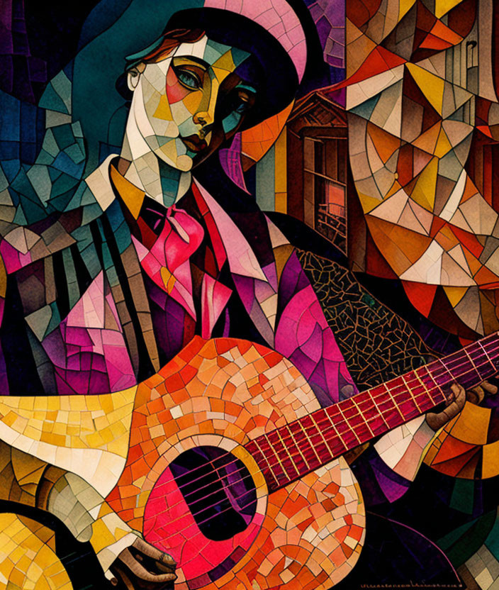 Vibrant Cubist-style Illustration of Figure Playing Guitar