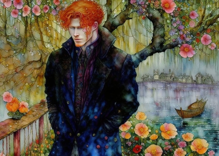 Vibrant red-haired person by railing with pink flowers in dreamy watercolor scene