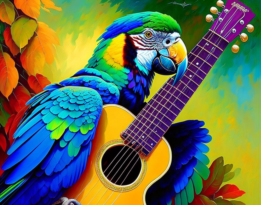 Colorful parrot on guitar with lush leaves: Music and nature blend