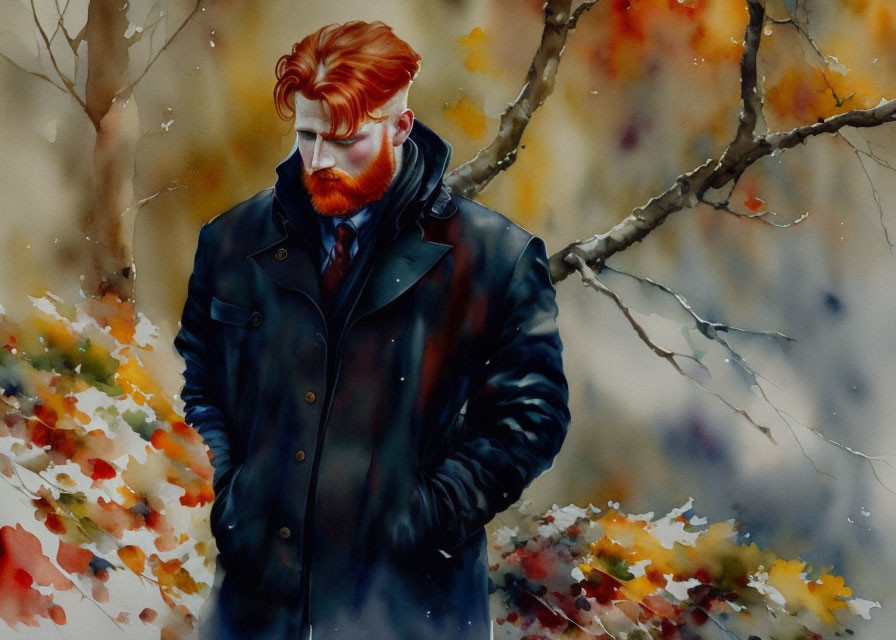 Red-bearded man in dark coat under falling snowflakes and autumn leaves.