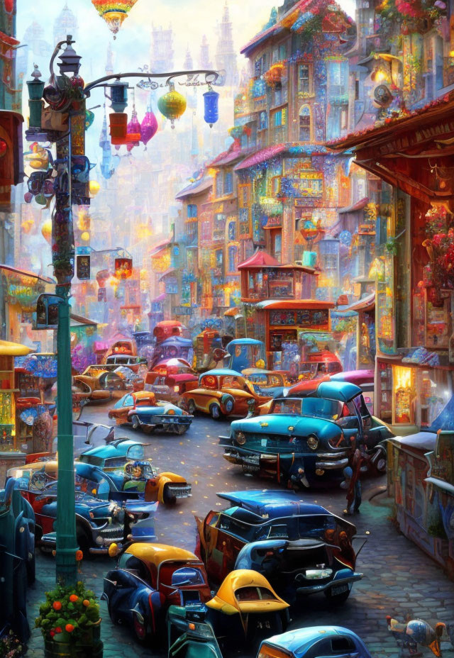 Colorful vintage cars and buildings in a vibrant street scene.