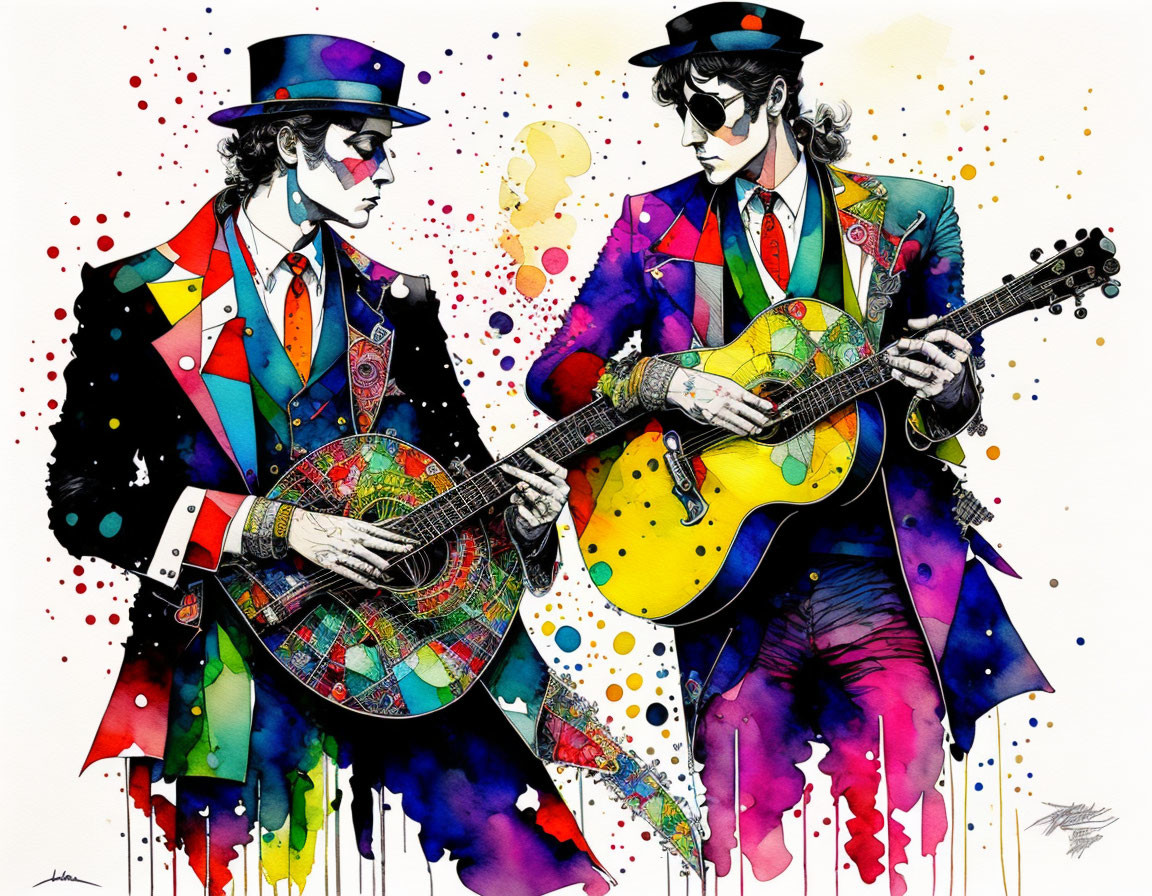 Colorful Watercolor Illustration of Two Figures Playing Guitars