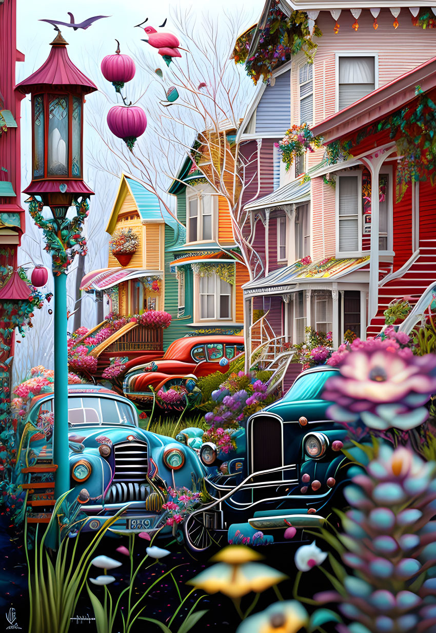 Vibrant street scene with vintage cars and whimsical houses