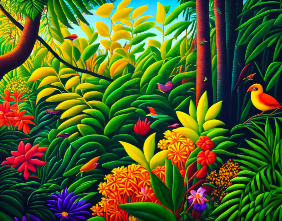 Colorful Tropical Jungle Painting with Greenery, Flowers, and Birds