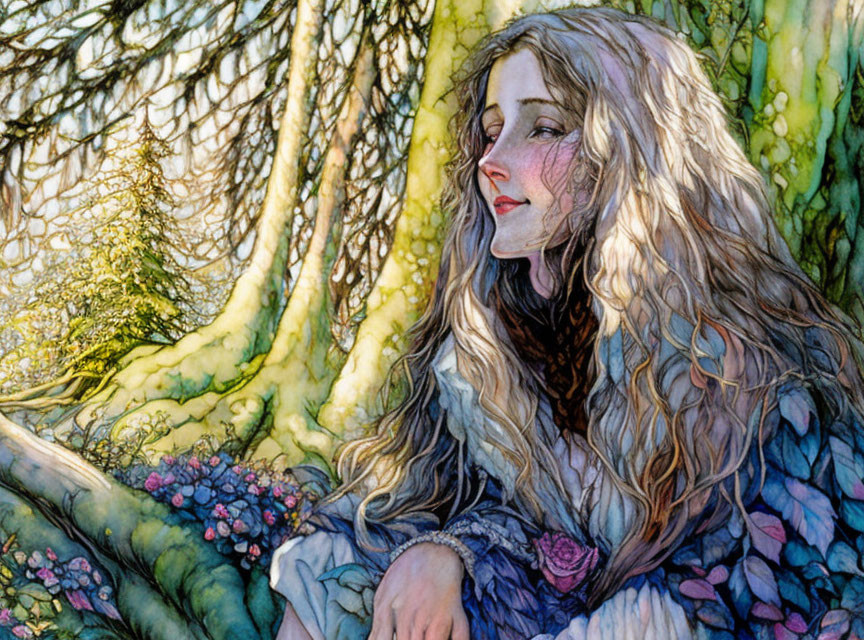 Woman with Flowing Hair in Forest Surrounded by Greenery and Sunlight