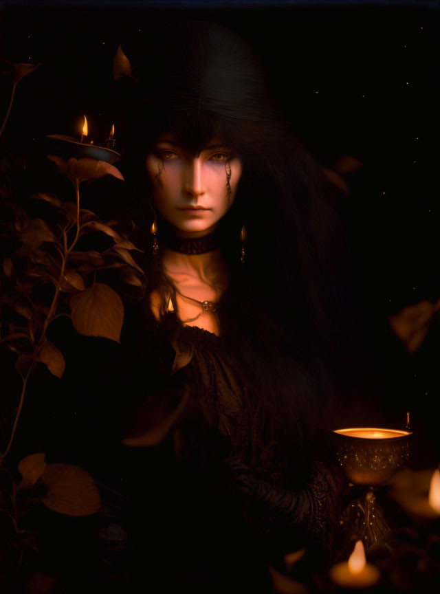 Shadowy figure with candles and leaves, intense eyes and wide-brimmed hat