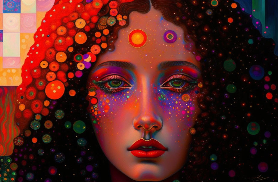 Colorful digital portrait of a woman with red curly hair and psychedelic art style