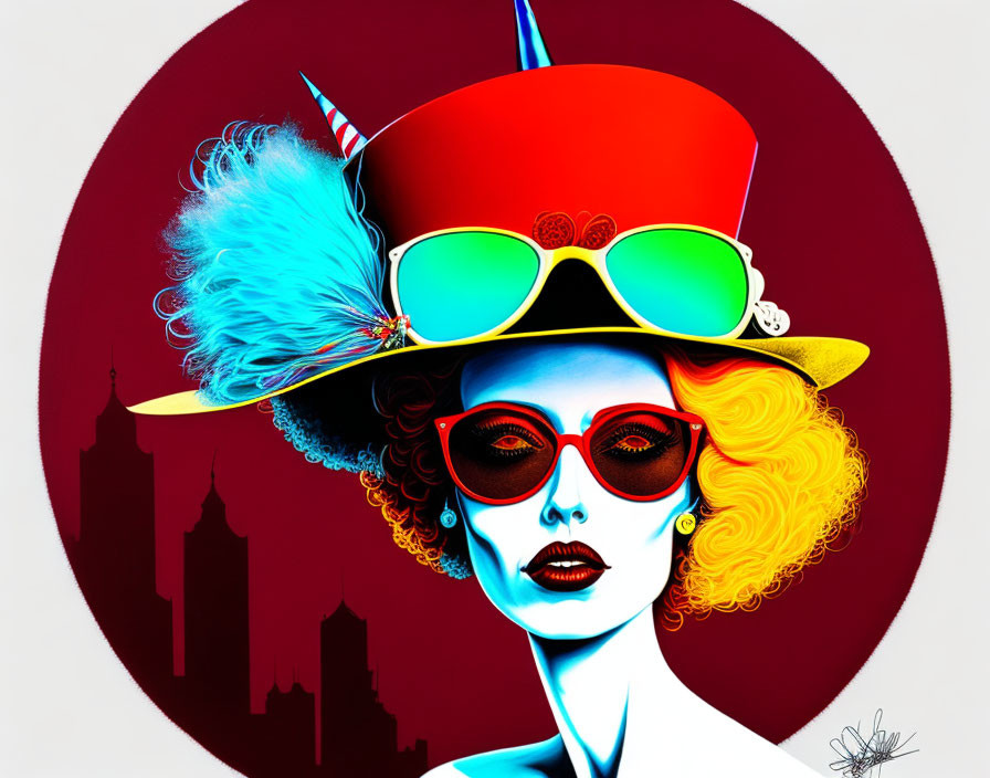 Whimsical woman illustration with red lipstick and sunglasses on urban backdrop