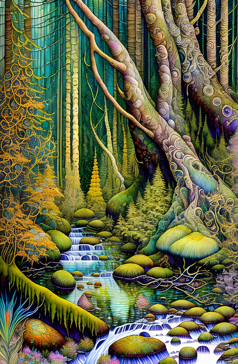 Fantastical forest with intricate trees, cascading stream, vibrant plant life