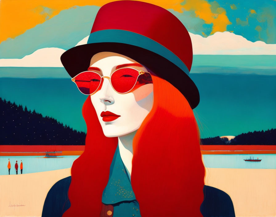 Vivid beach scene painting with woman in red sunglasses and hat